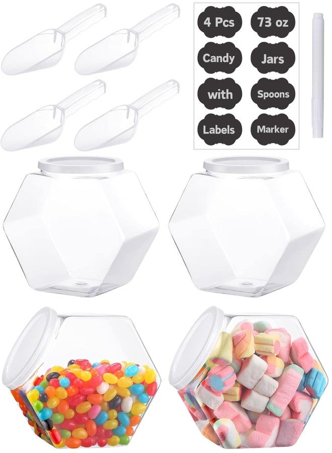 Glazeal 4pcs Plastics Candy Jars 72 oz with Lid & Spoons, 2200ml Hexagon Plastic Cookie Jars Set Clear with Labels& Pen for Candy, Buffet, Coffee Holder Food Storage - Image 1